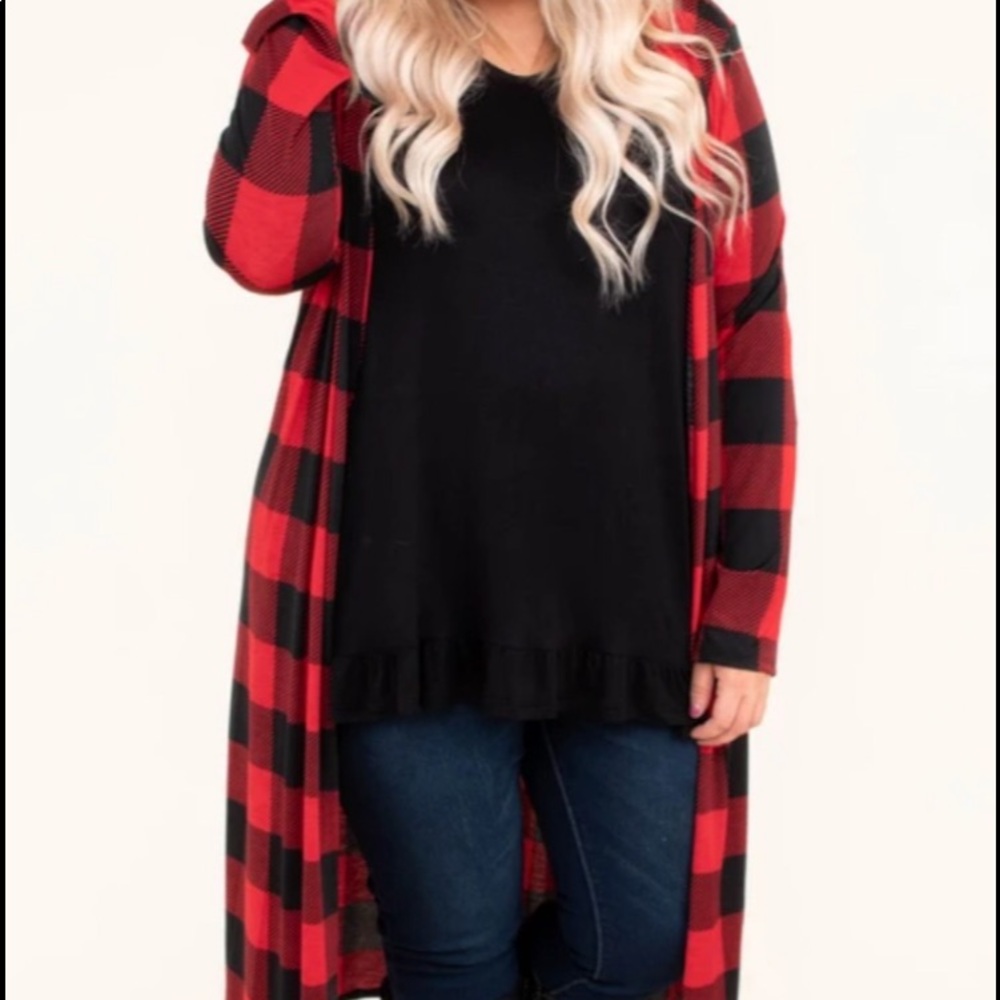 Long red plaid cardigan